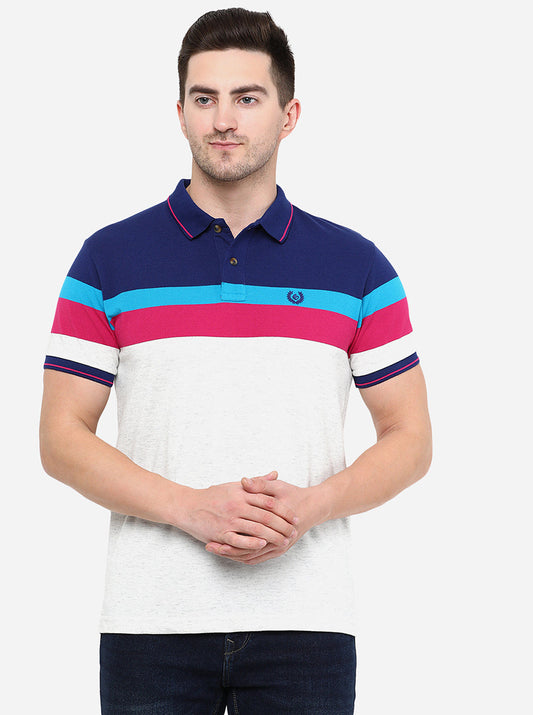 White & Blue Striped Slim Fit Polo T-Shirt | Greenfibre