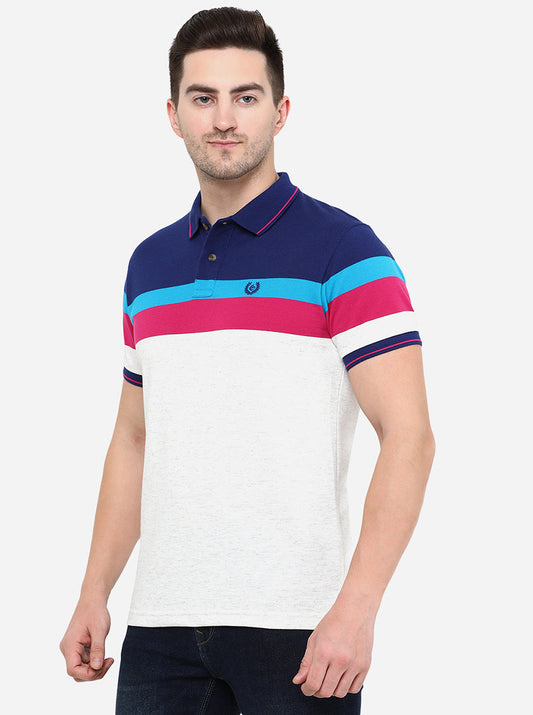 White & Blue Striped Slim Fit Polo T-Shirt | Greenfibre
