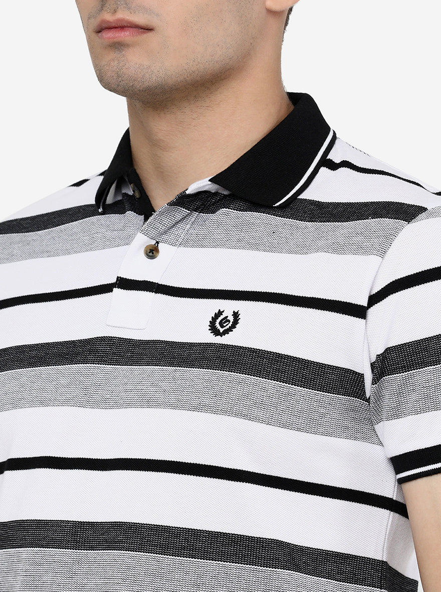 Black & White Striped Slim Fit Polo T-Shirt | Greenfibre