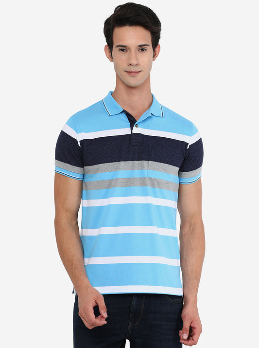 Blue & White Striped Slim Fit Polo T-Shirt | Greenfibre