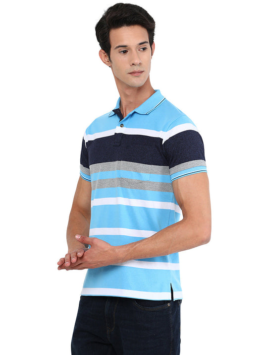 Blue & White Striped Slim Fit Polo T-Shirt | Greenfibre