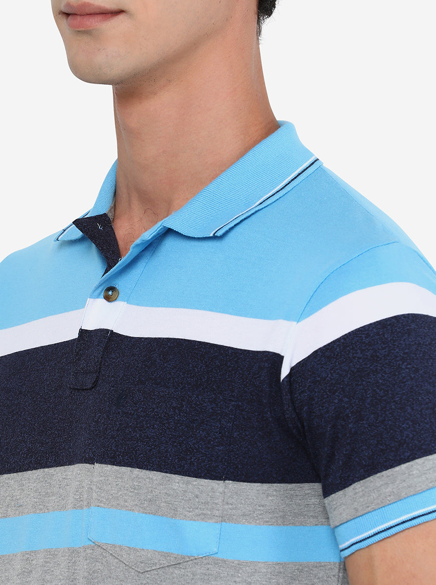 Blue & White Striped Slim Fit Polo T-Shirt | Greenfibre