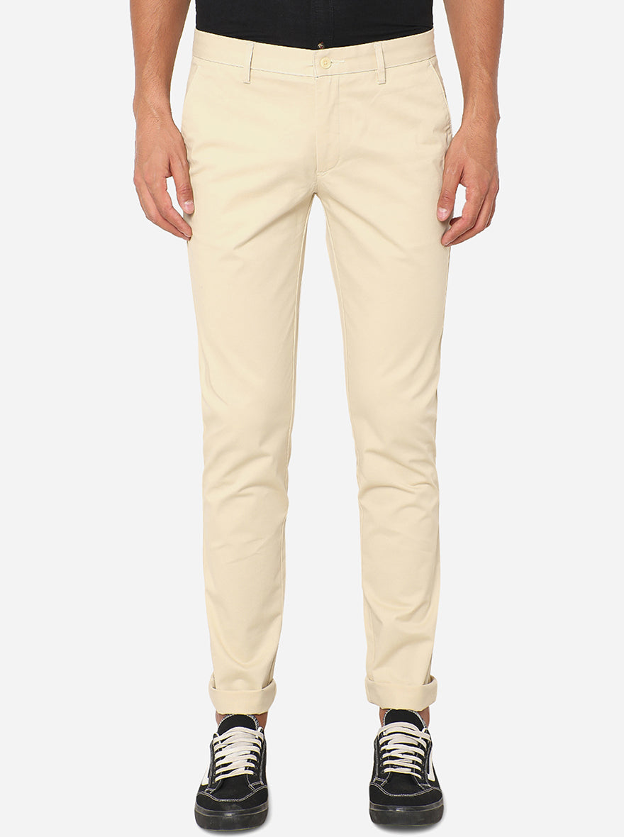 Light Beige Solid Super Slim Fit Casual Trouser | Greenfibre