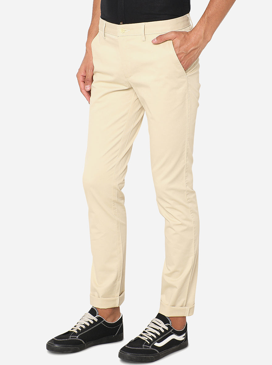 Light Beige Solid Super Slim Fit Casual Trouser | Greenfibre