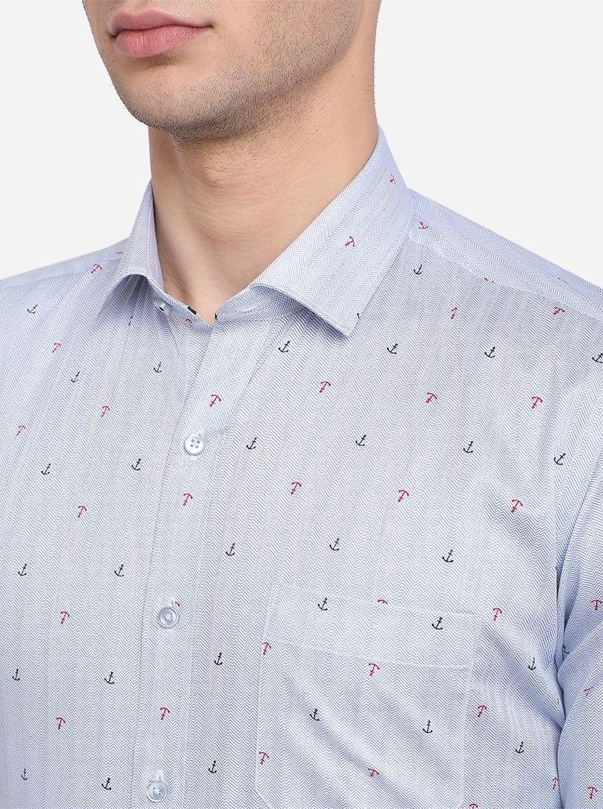 Sky Blue Printed Slim Fit Formal Shirt | Greenfibre
