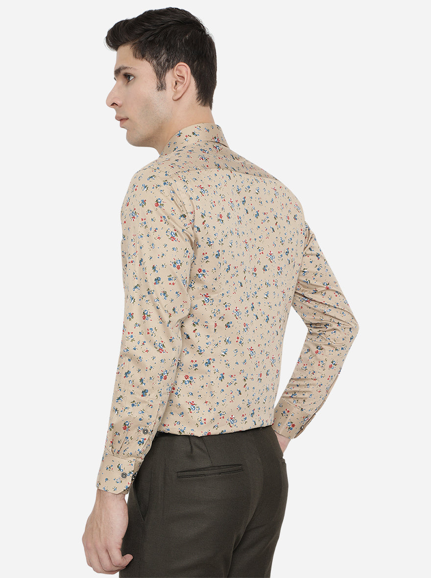 Beige & Blue Printed Slim Fit Party Wear Shirt | Greenfibre