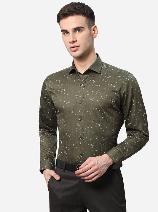 Dark Green Printed Slim Fit Formal Shirt | Greenfibre