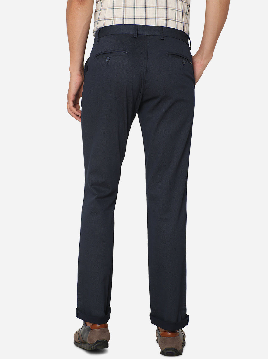 Navy Blue Solid Slim Fit Casual Trouser | Greenfibre