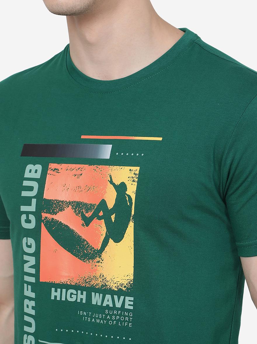 Dark Green Printed Slim Fit T-Shirt | Greenfibre