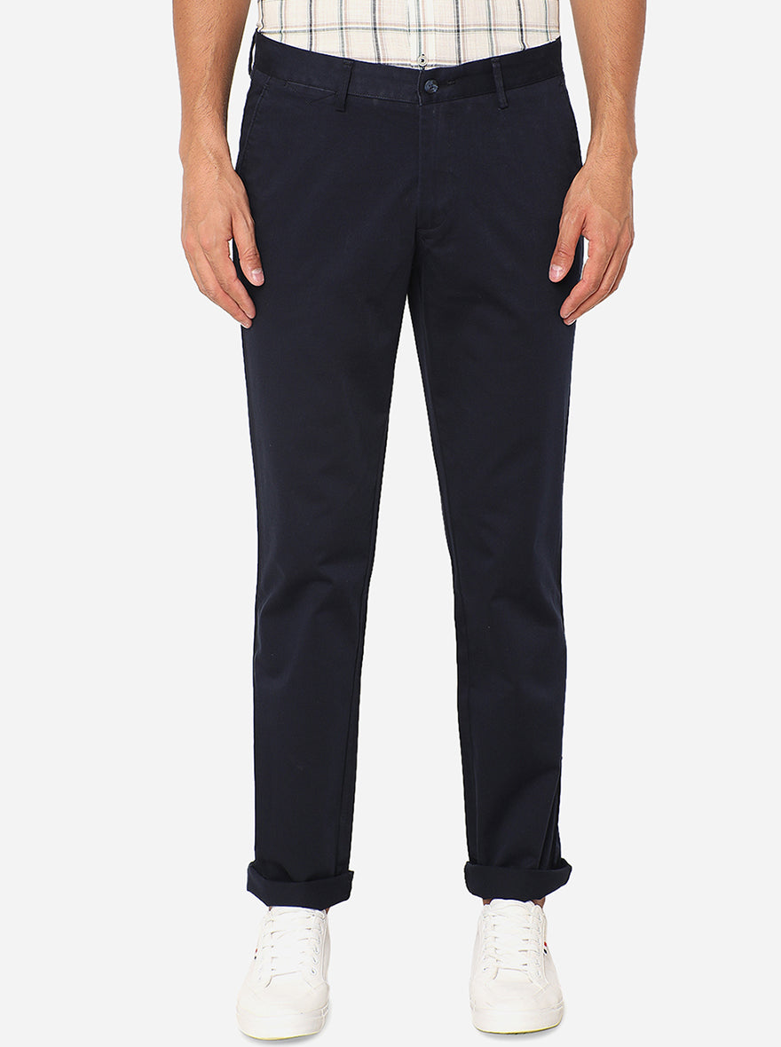 Navy Blue Solid Slim Fit Casual Trouser | Greenfibre