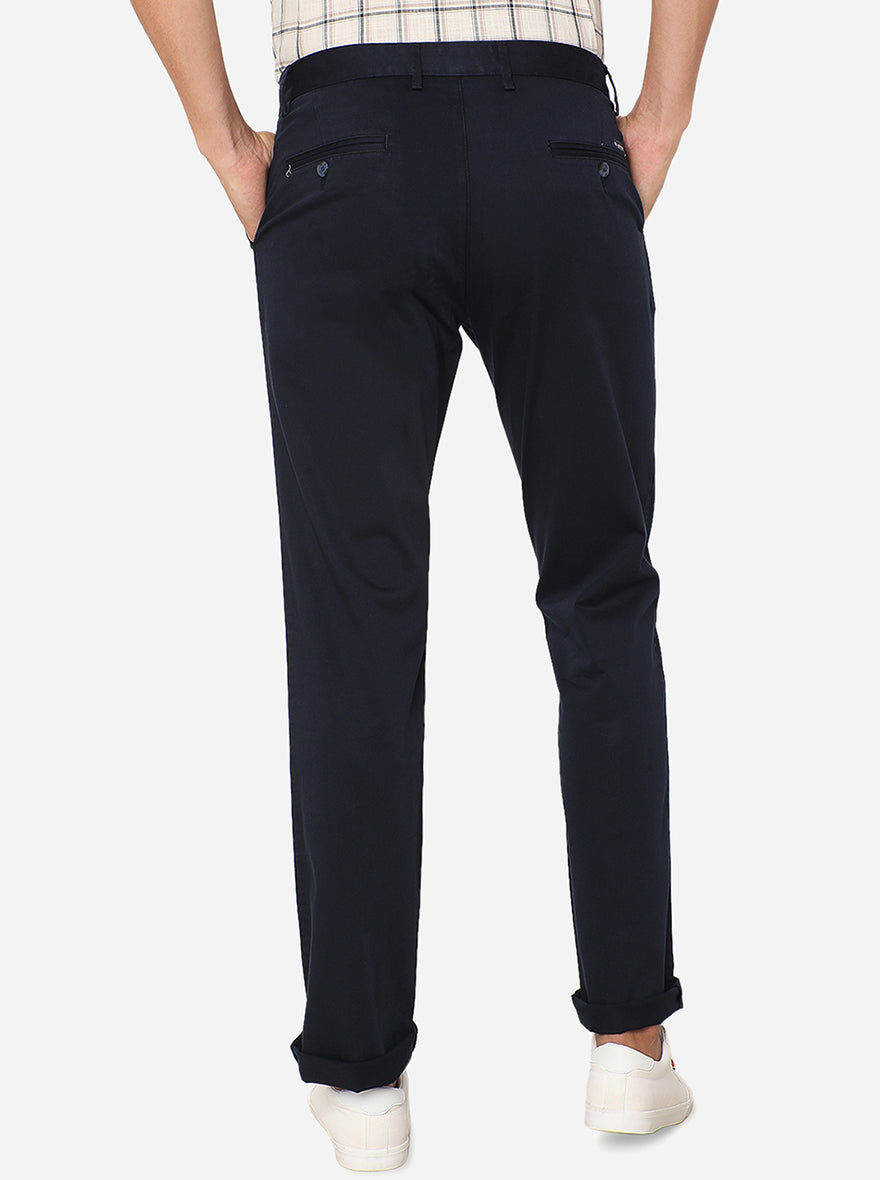 Navy Blue Solid Slim Fit Casual Trouser | Greenfibre