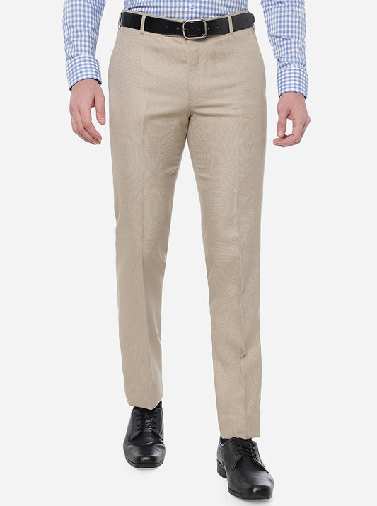 Beige Solid Slim Fit Formal Trouser | Greenfibre