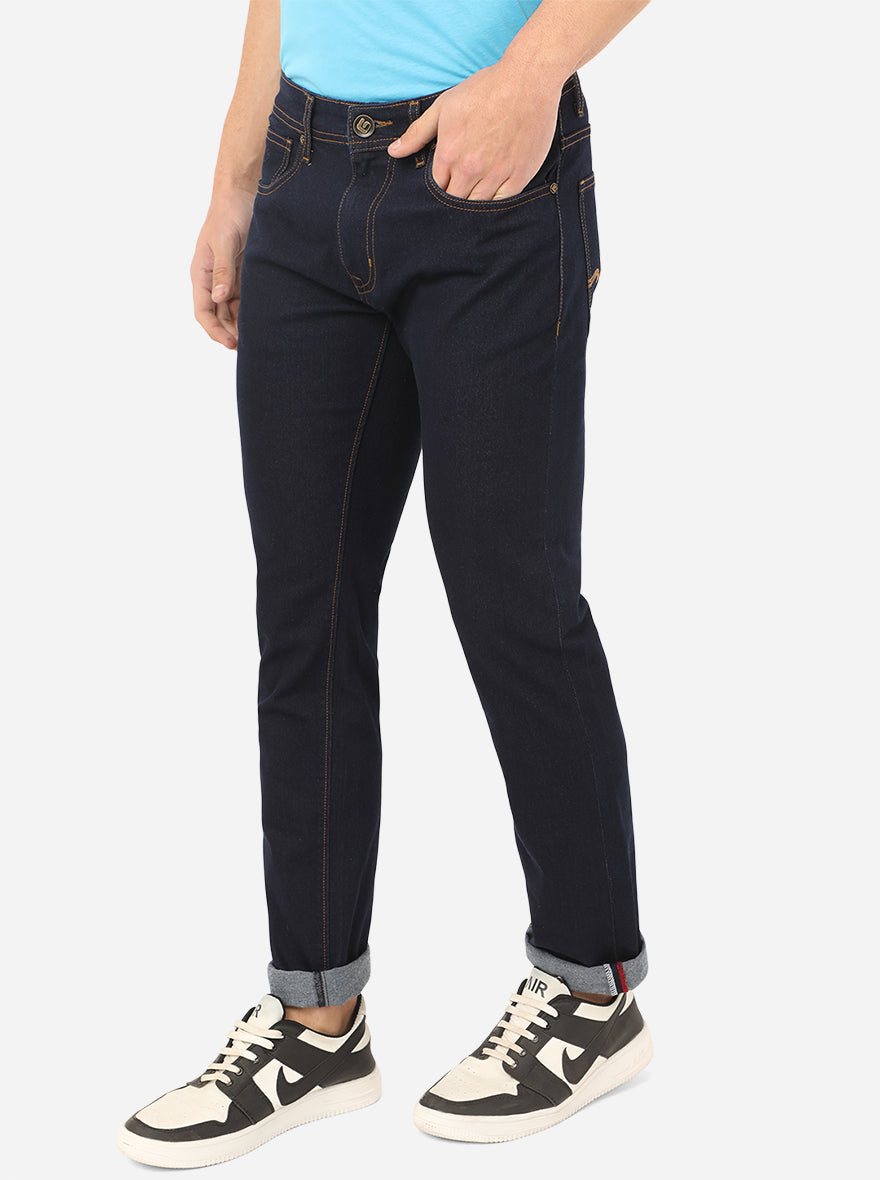 Dark Blue Solid Straight Fit Jeans | Greenfibre