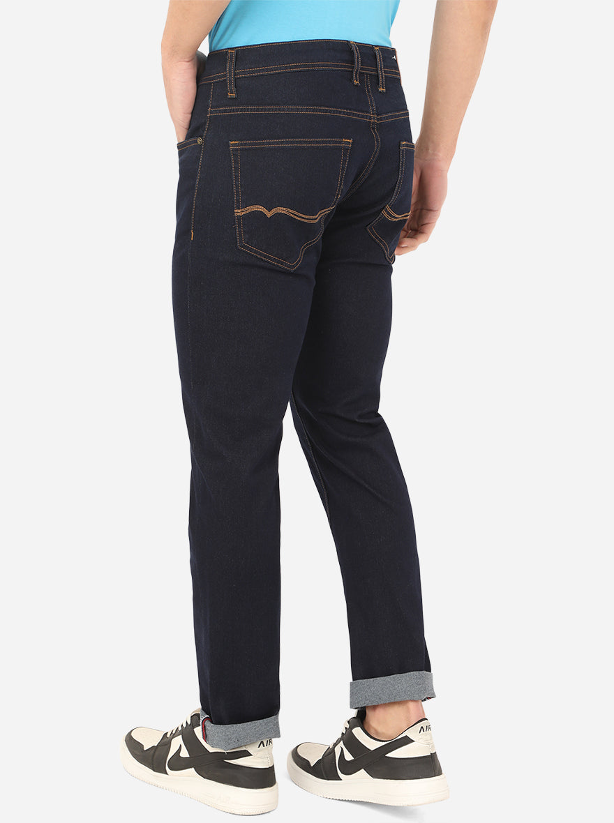 Dark Blue Solid Straight Fit Jeans | Greenfibre