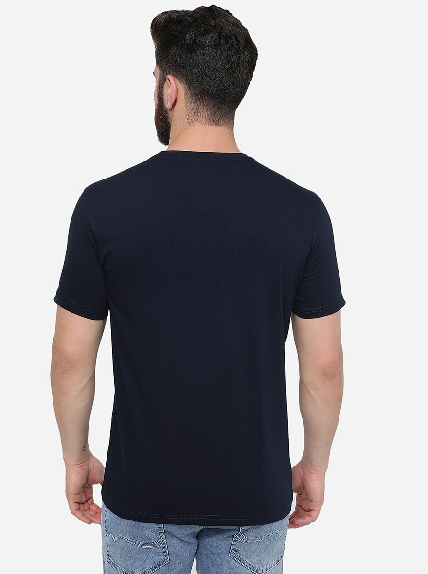 Navy Blue Printed Slim Fit T-Shirt | Greenfibre