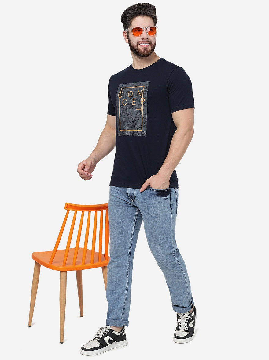 Navy Blue Printed Slim Fit T-Shirt | Greenfibre
