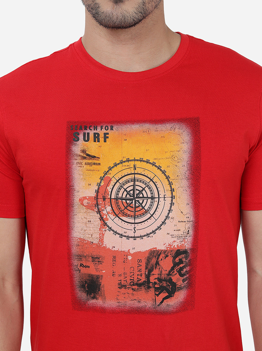 Red Printed Slim Fit T-Shirt | Greenfibre