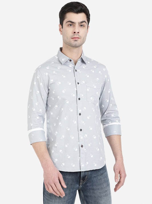 Light Grey Printed Slim Fit Semi Casual Shirt | Greenfibre