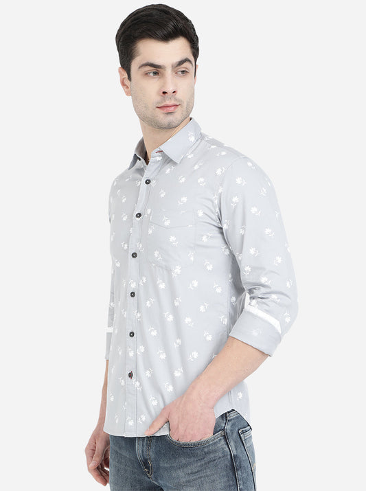 Light Grey Printed Slim Fit Semi Casual Shirt | Greenfibre