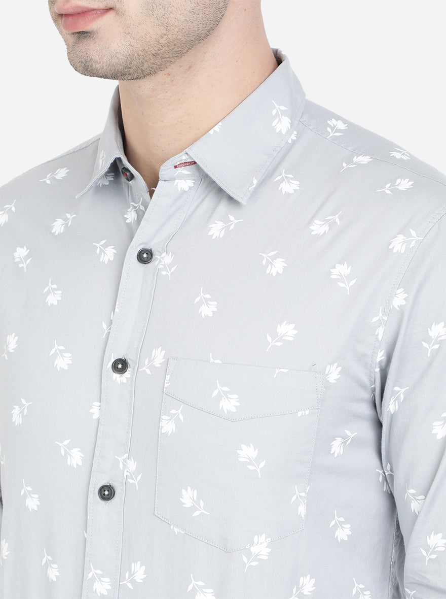 Light Grey Printed Slim Fit Semi Casual Shirt | Greenfibre