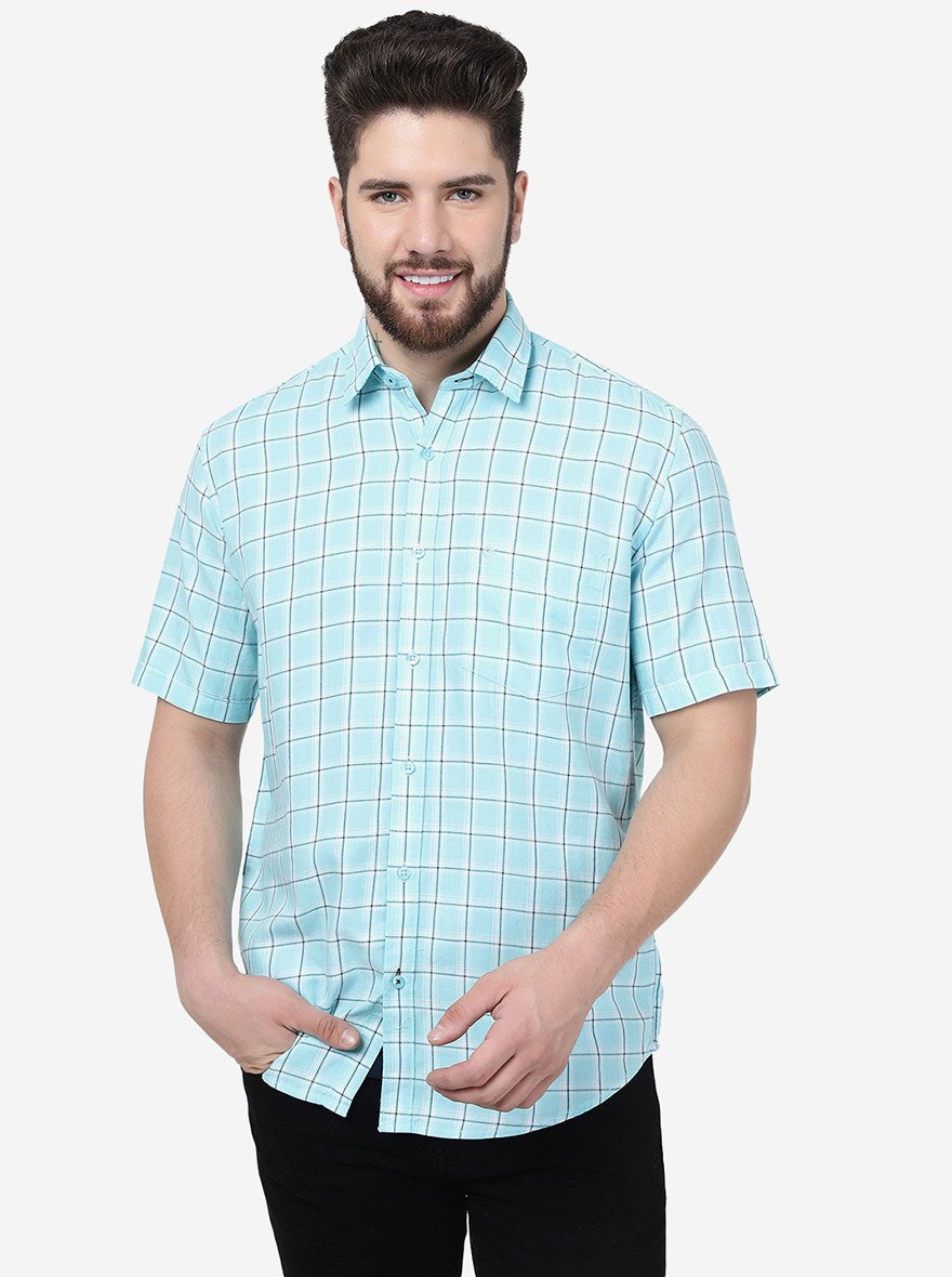 Aqua Blue Checked Smart Fit Semi Casual Shirt | Greenfibre