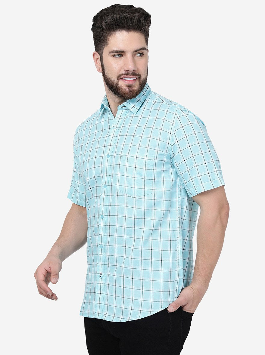 Aqua Blue Checked Smart Fit Semi Casual Shirt | Greenfibre