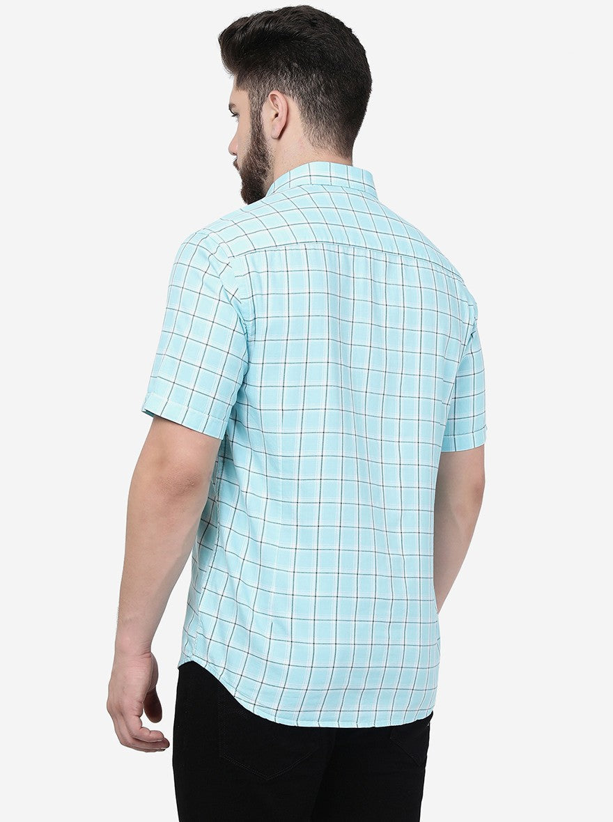 Aqua Blue Checked Smart Fit Semi Casual Shirt | Greenfibre