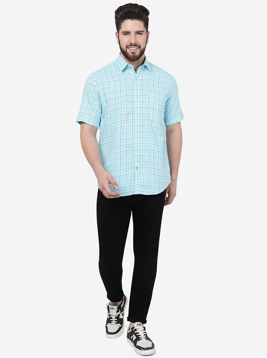 Aqua Blue Checked Smart Fit Semi Casual Shirt | Greenfibre