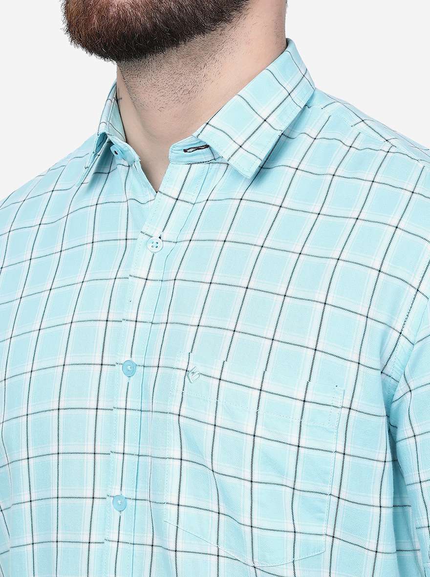 Aqua Blue Checked Smart Fit Semi Casual Shirt | Greenfibre