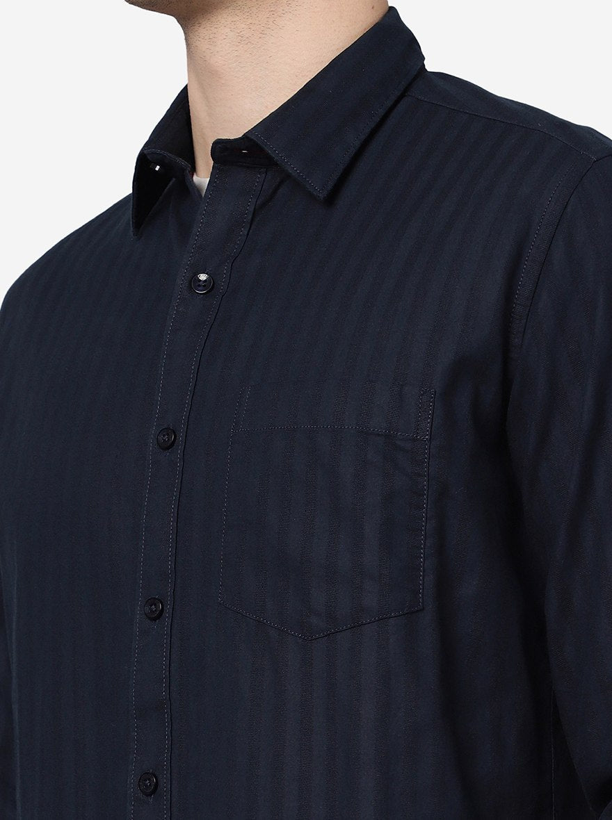 Navy Blue Striped Smart Fit Semi Casual Shirt | Greenfibre