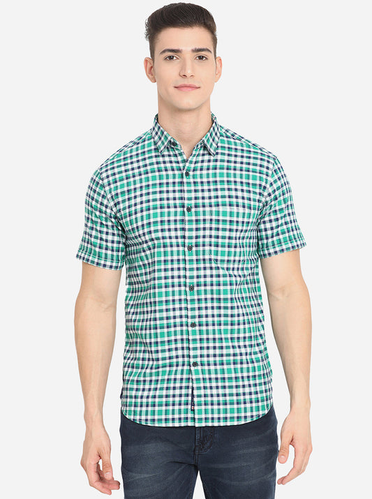 Green Checked Slim Fit Semi Casual Shirt | Greenfibre