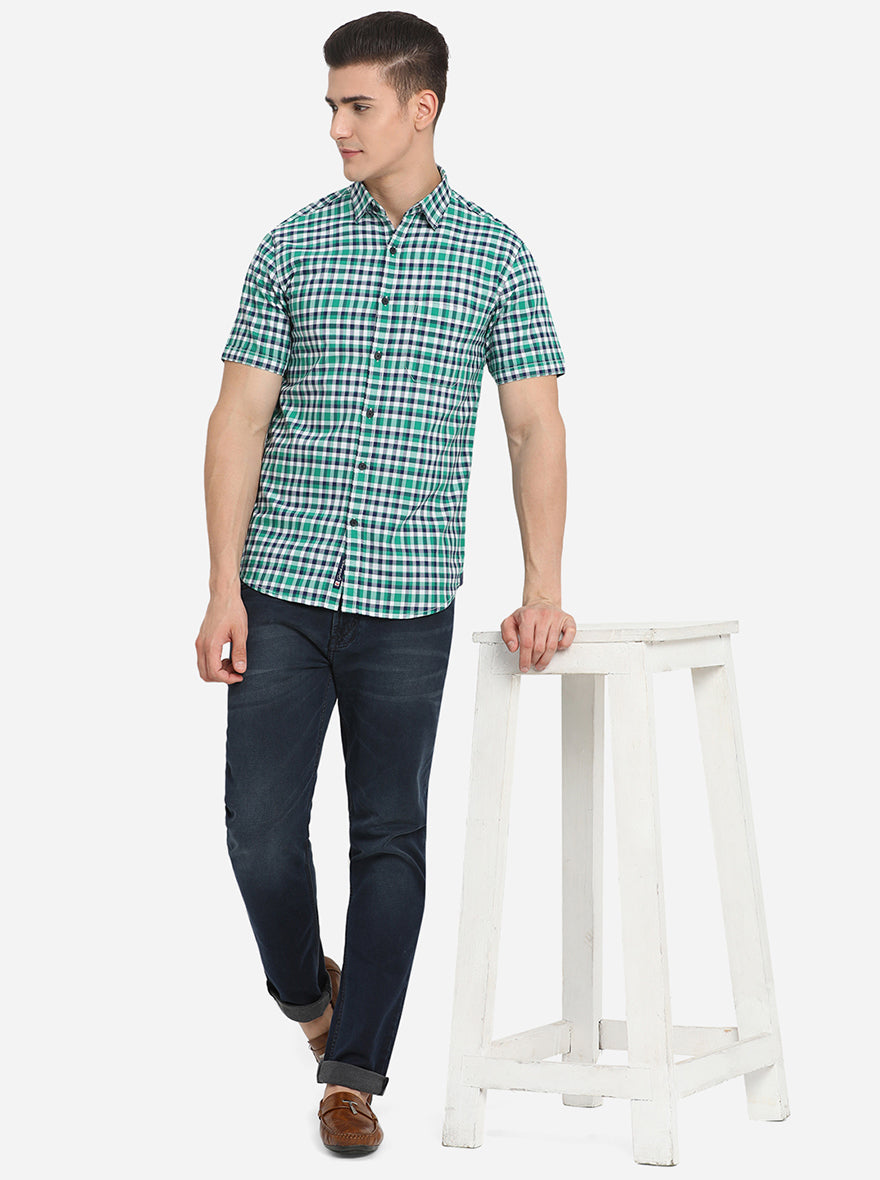 Green Checked Slim Fit Semi Casual Shirt | Greenfibre
