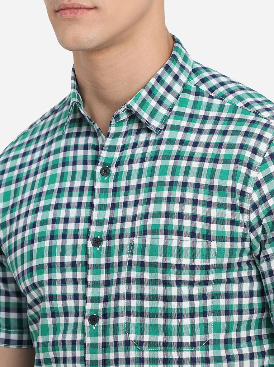 Green Checked Slim Fit Semi Casual Shirt | Greenfibre
