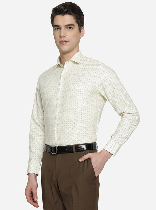Cream & Black Printed Slim Fit Formal Shirt | Greenfibre