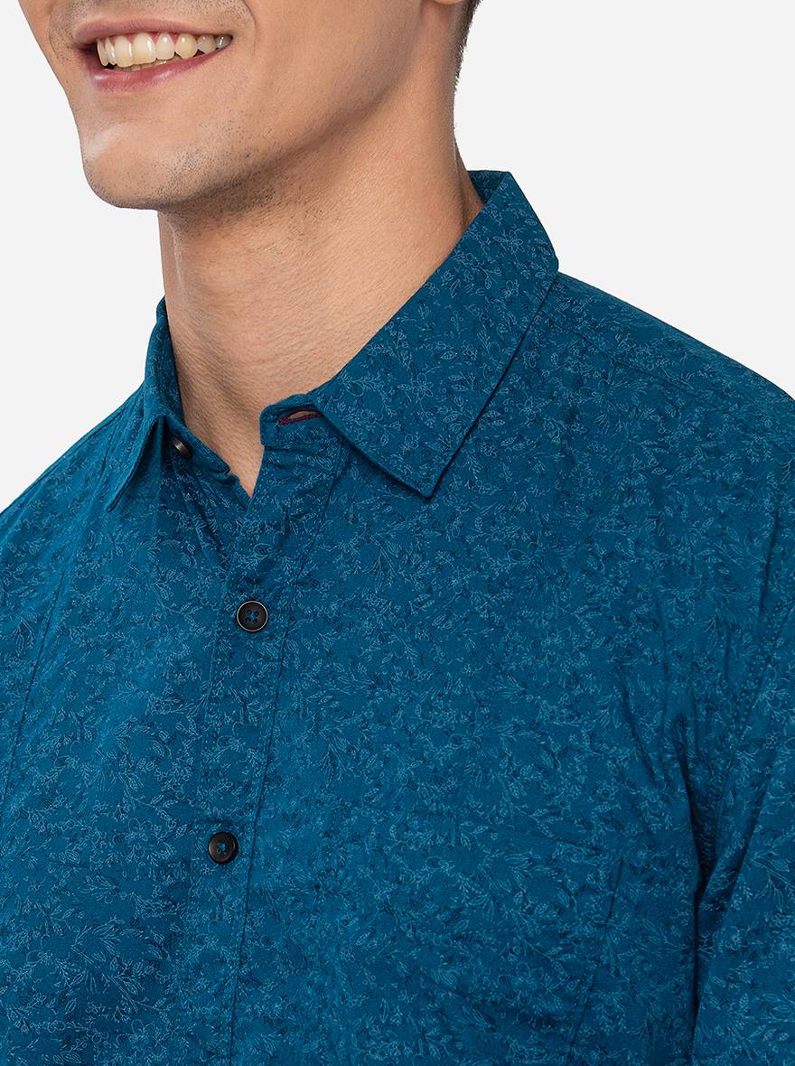 Celestrial Blue Printed Slim Fit Semi Casual Shirt | Greenfibre