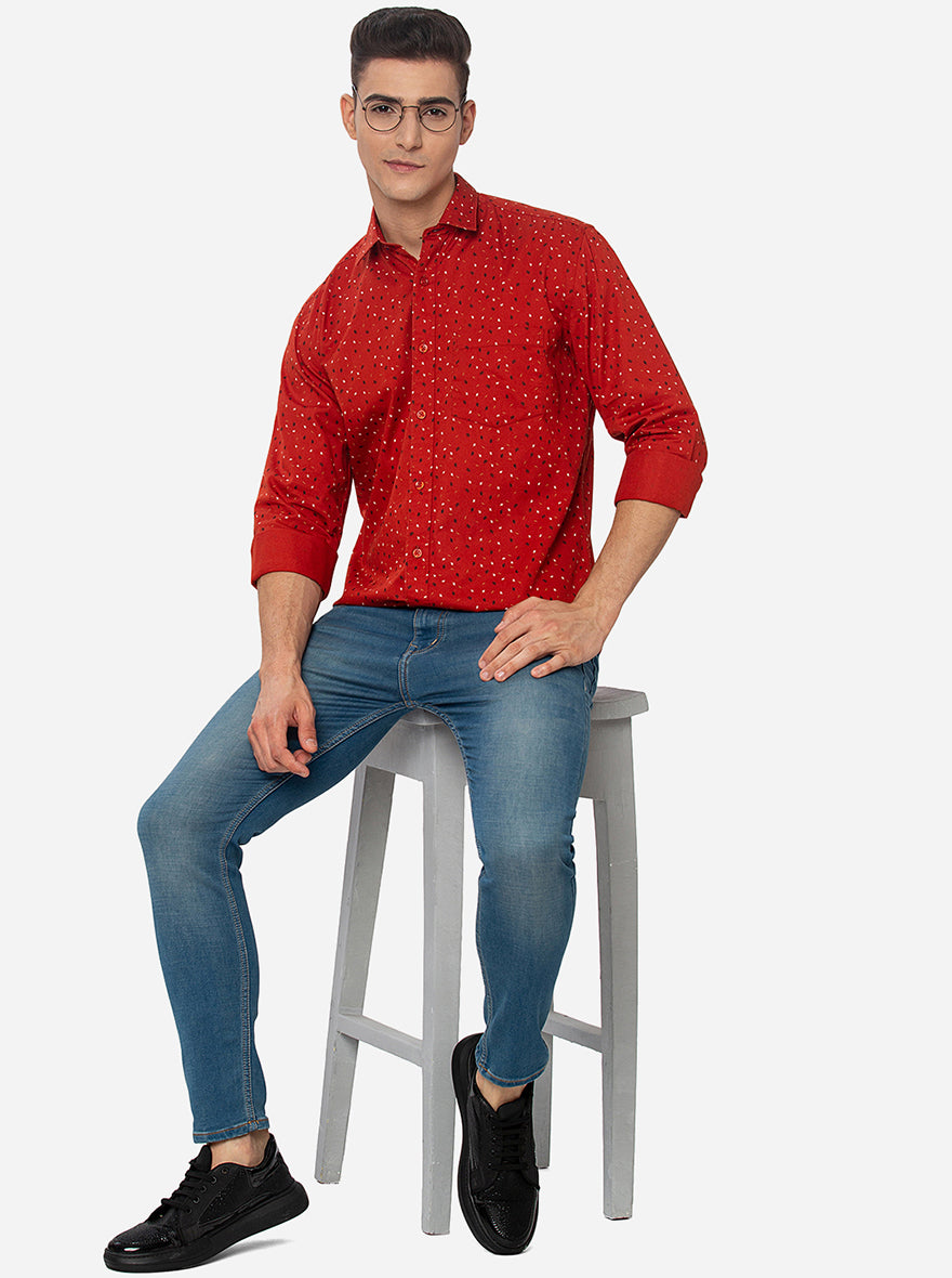 Red Printed Slim Fit Casual Shirt | Greenfibre