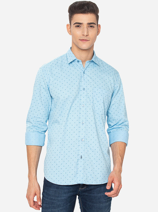 Light Blue Printed Slim Fit Casual Shirt | Greenfibre
