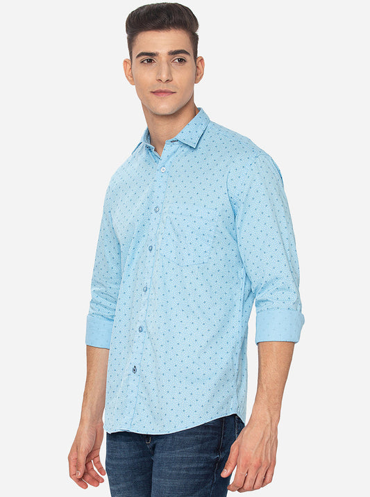 Light Blue Printed Slim Fit Casual Shirt | Greenfibre