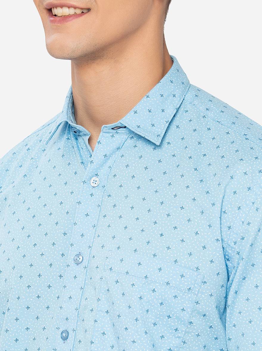 Light Blue Printed Slim Fit Casual Shirt | Greenfibre