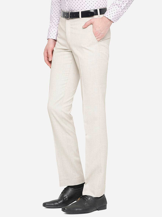 Beige Solid Slim Fit Formal Trouser | Greenfibre