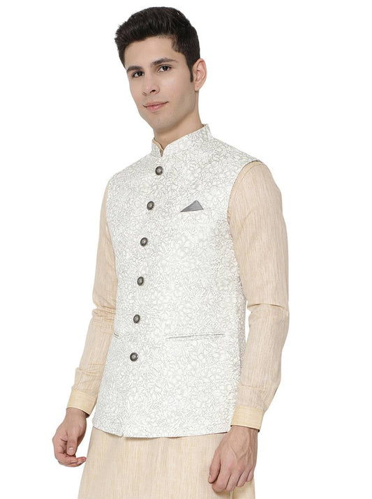 Light Grey Printed Bandhgala Jacket | Greenfibre