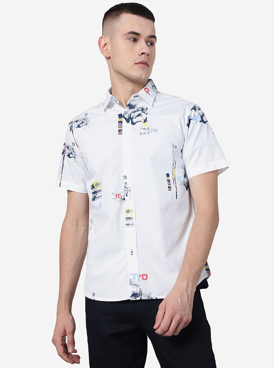 White Printed Slim Fit Casual Shirt | Greenfibre