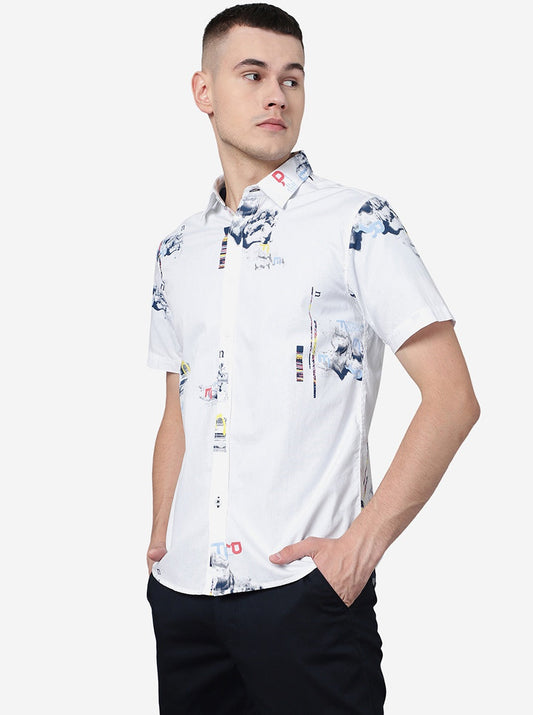 White Printed Slim Fit Casual Shirt | Greenfibre