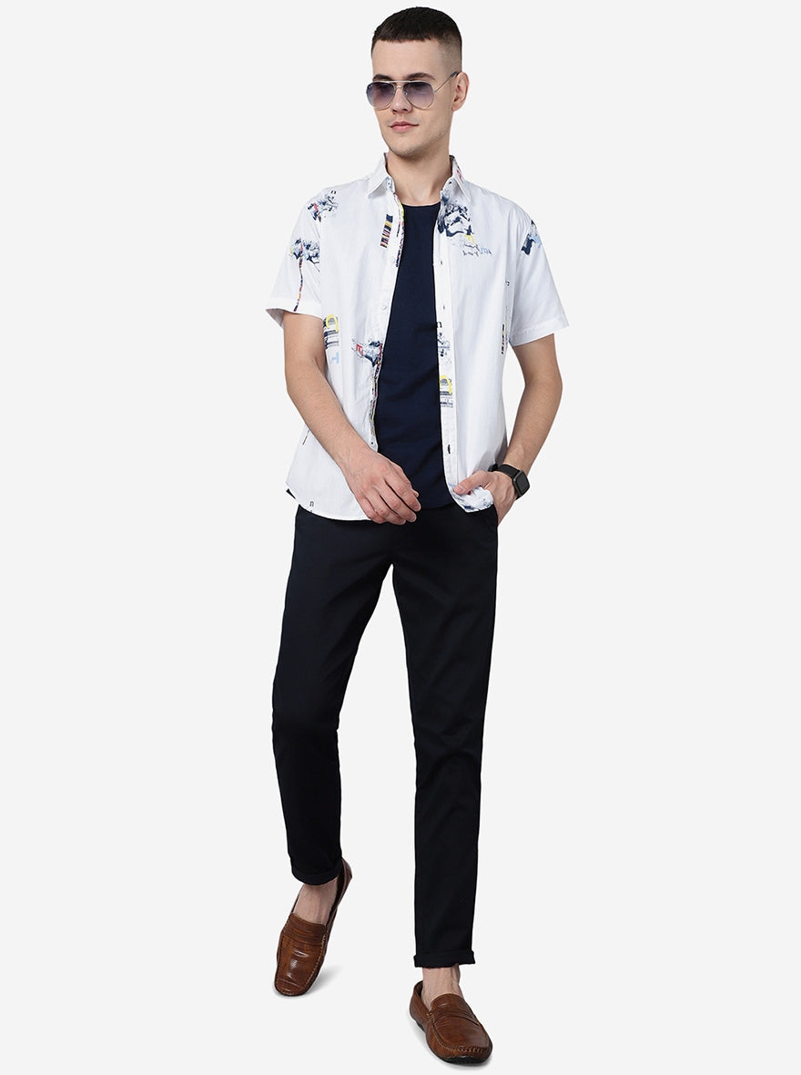 White Printed Slim Fit Casual Shirt | Greenfibre