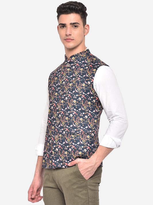 Black Printed Bandhgala Jacket | Greenfibre