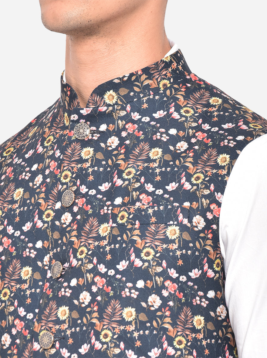 Black Printed Bandhgala Jacket | Greenfibre