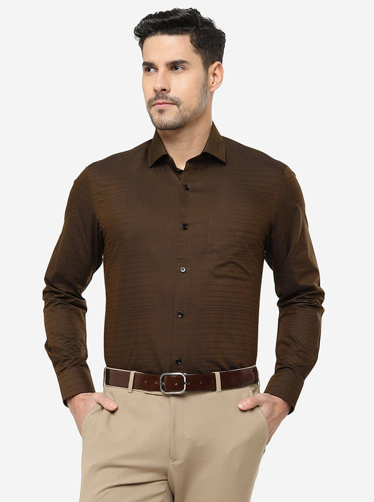 Coffee Brown Striped Slim Fit Formal Shirt | Greenfibre