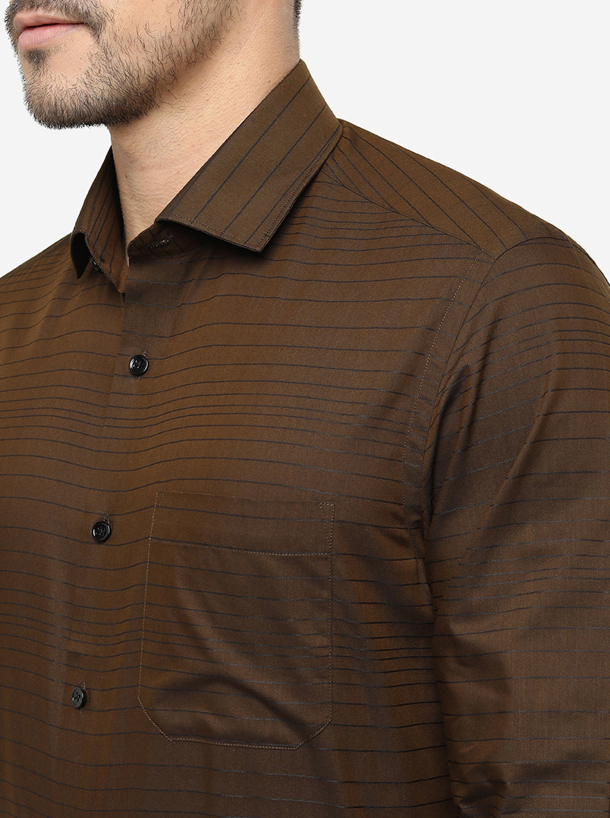 Coffee Brown Striped Slim Fit Formal Shirt | Greenfibre