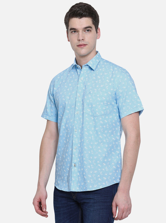 Sky Blue Printed Slim Fit Casual Shirt | Greenfibre