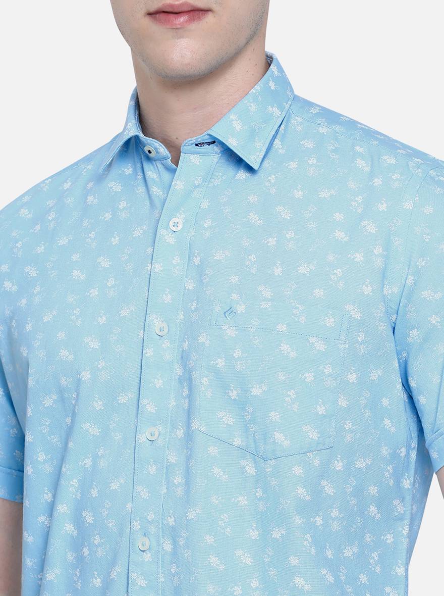 Sky Blue Printed Slim Fit Casual Shirt | Greenfibre